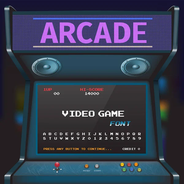 Arcade Video oyunu yazı tipi. 8 bit yazı tipi. Arcade Retro makinesi.