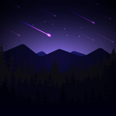 Gece manzara dağlar ve düşen meteorlar ile. Vektör çizim. Arka plan stili içinde 80s arkadın.