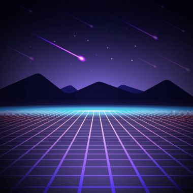 Gece manzara dağlar ve düşen meteorlar ile. Vektör çizim. Arka plan stili içinde 80s arkadın.