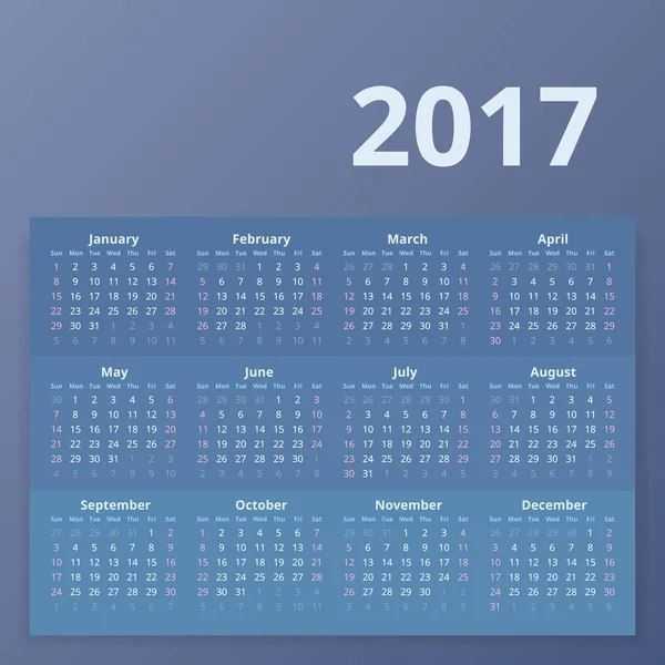 Calendário 2017 ano. Modelo de design vetorial. Semana começa a partir de domingo . — Vetor de Stock