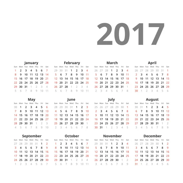 Calendário 2017 ano. Modelo de design vetorial. Semana começa a partir de domingo . — Vetor de Stock