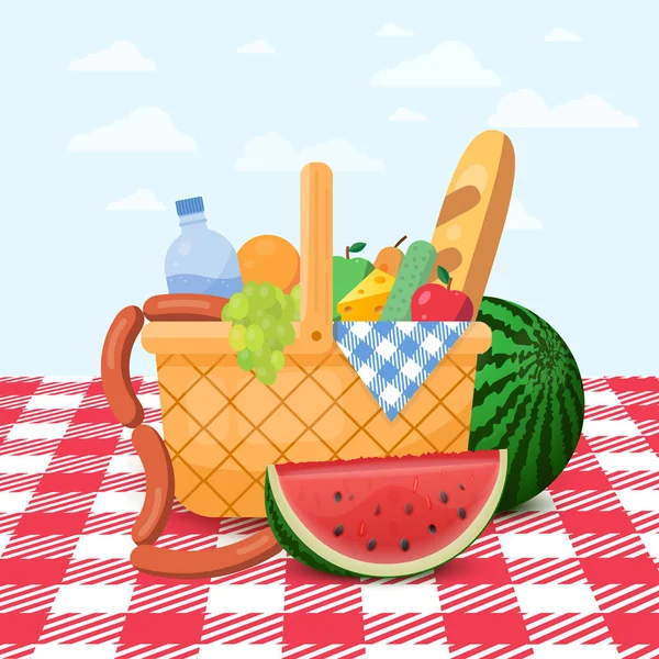 Cesta para um piquenique com frutas e vários alimentos. Ilustração vetorial . — Vetor de Stock