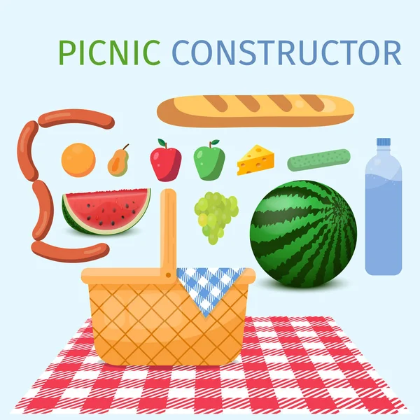 Constructor de picnic. Cesta para un picnic con frutas y varios alimentos. Ilustración vectorial . — Vector de stock