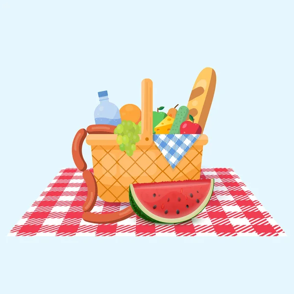 Cesta para un picnic con frutas y varios alimentos. Ilustración vectorial . — Vector de stock