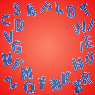 3d harflerle arka plan. Üç boyutlu harflerden oluşan yuvarlak çerçeve. Vektör çizim.