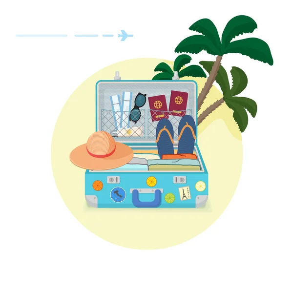 Maleta de verano llena de cosas para viajar. Ilustración vectorial . — Vector de stock