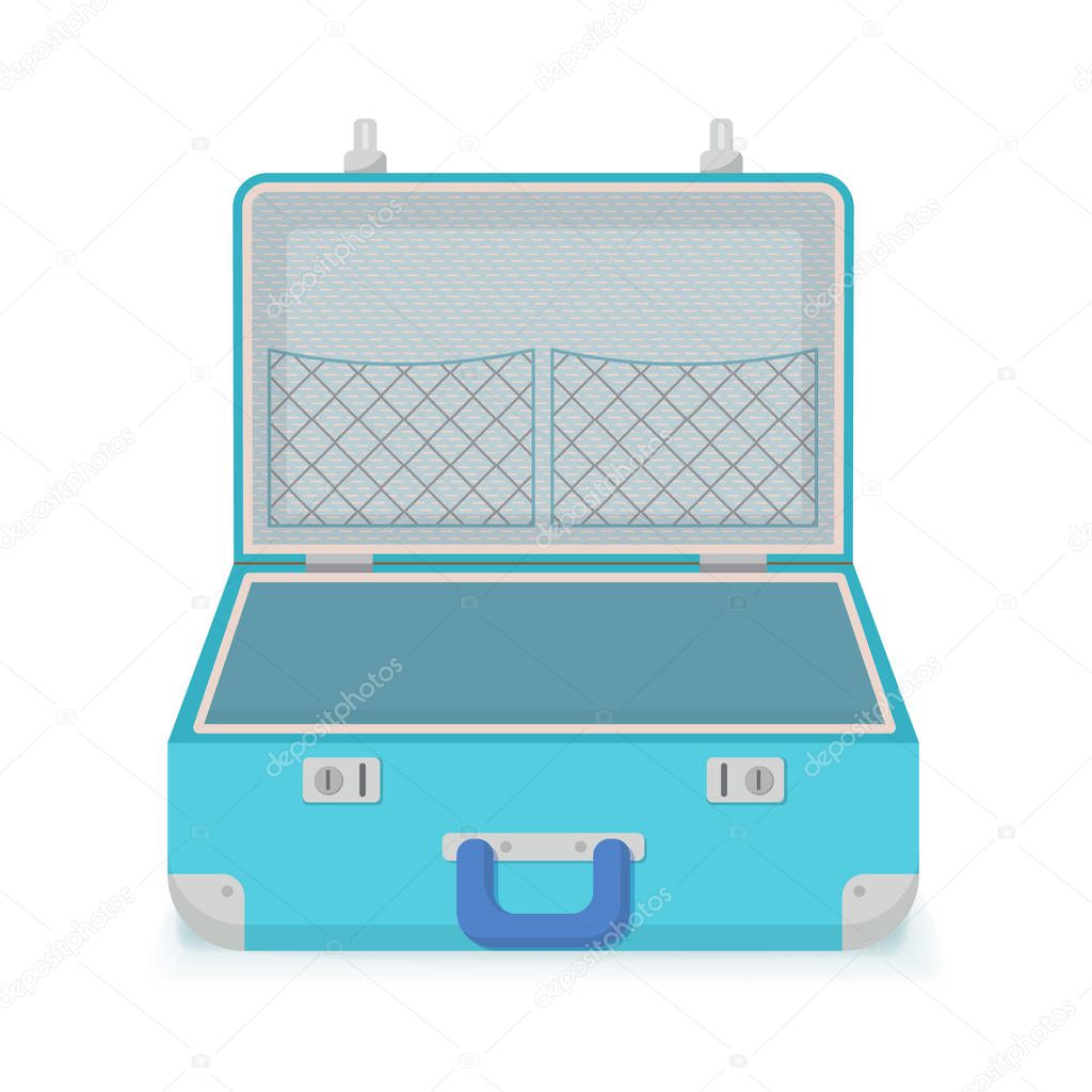 Open retro vintage suitcase for travel. Vector illustration, Isolated on white background. 