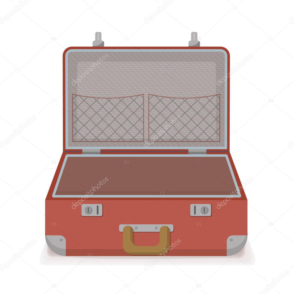 Open retro vintage suitcase for travel. Vector illustration, Isolated on white background. 