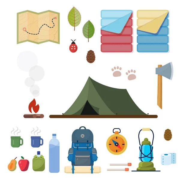 Equipo de camping. Tienda, mapa, brújula, mochila, lámpara, sacos de dormir, fuego y otros. Camping vector conjunto . — Vector de stock