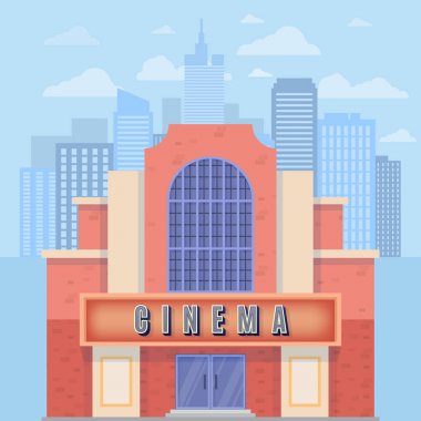 Tabela bir manzara modern şehrin arka planı ile bina sinema. Vektör çizim.