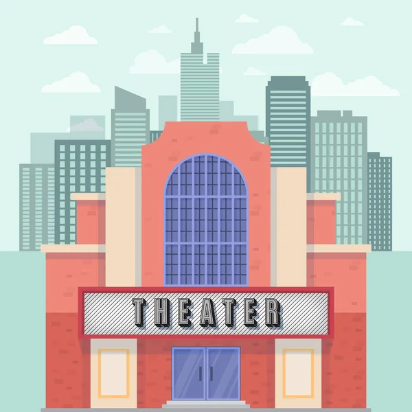 Theater building with a sign board against the background of a landscape of the modern city. Vector illustration. — Stock Vector