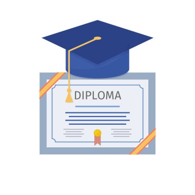 Lisansüstü aksesuarları. Mezuniyet kep ve diploma vektör illüstrasyon izole beyaz arka plan üzerinde.