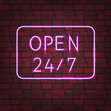 Neon tabela bir tuğla duvar arka plan üzerinde 24/7 saat. 24 saat alışveriş / Bar / gece kulübü Neon ışıkları. Vektör çizim.
