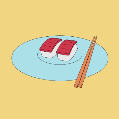 Suşi animasyon tarzında yürütülen bir plaka üzerinde yalan. Asya gıda. Vektör çizim.