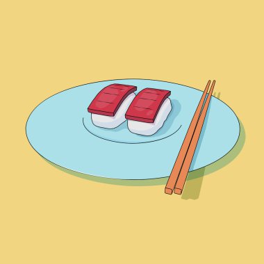 Suşi animasyon tarzında yürütülen bir plaka üzerinde yalan. Asya gıda. Vektör çizim.