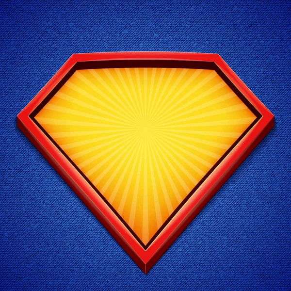 Superhjälte bakgrund. Superhjälte logotyp mall. Röd, gul ram med divergerande strålar på blå bakgrund. Vektorillustration. — Stock vektor