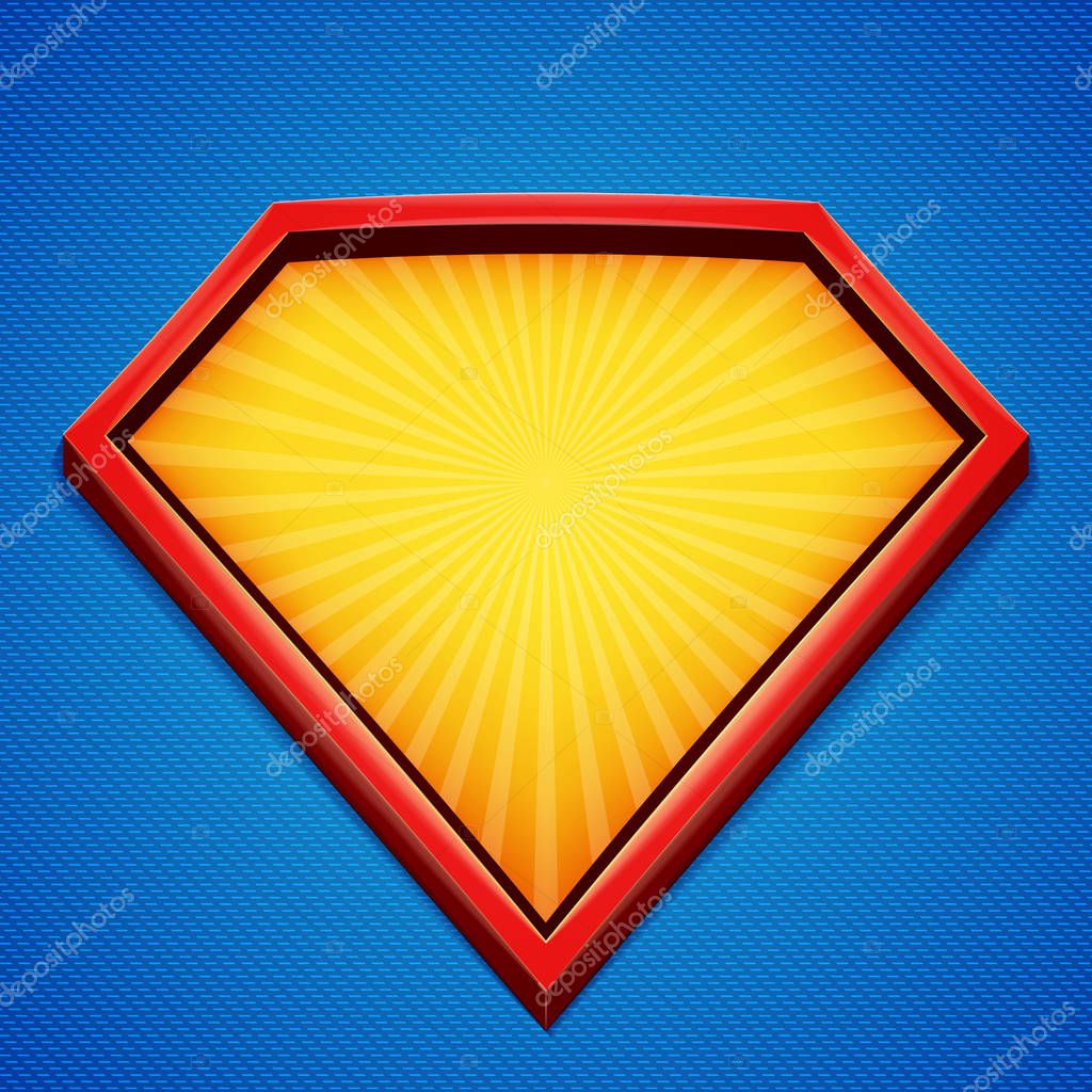 Superhero background. Superhero logo template. Red, yellow frame with divergent rays on blue backdrop. Vector illustration