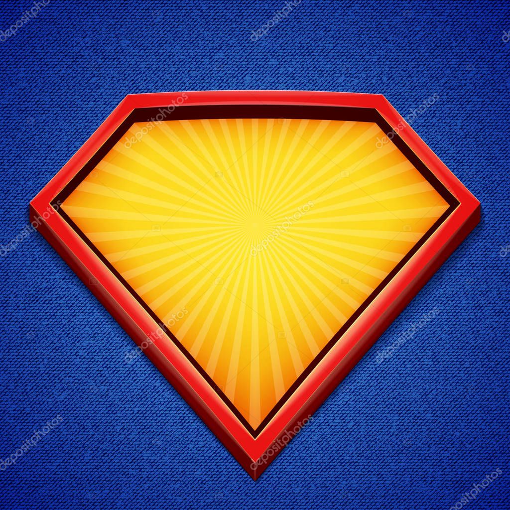 Superhero background. Superhero logo template. Red, yellow frame with divergent rays on blue backdrop. Vector illustration