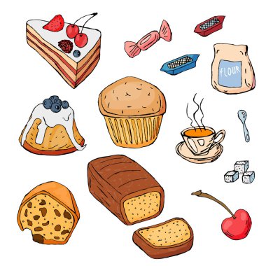Beyaz arka plan üzerinde izole farklı tatlılar kümesi. Tarzı çizilmiş. Vektör çizim.