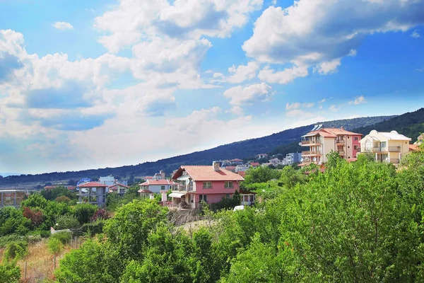 Panorama of the beautiful houses and red roofs of the Balkan mou