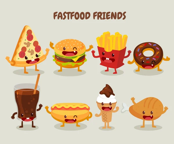 Fast food friends. Fast food or junk food cartoon icons and objects.