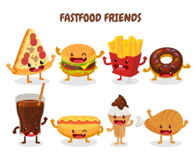 Fast food arkadaşları. Fast food seti. Fast food veya abur cubur çizgi film simgeleri ve nesneleri.