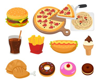 Fast food seti. Fast food veya abur cubur çizgi film simgeleri ve nesneleri.