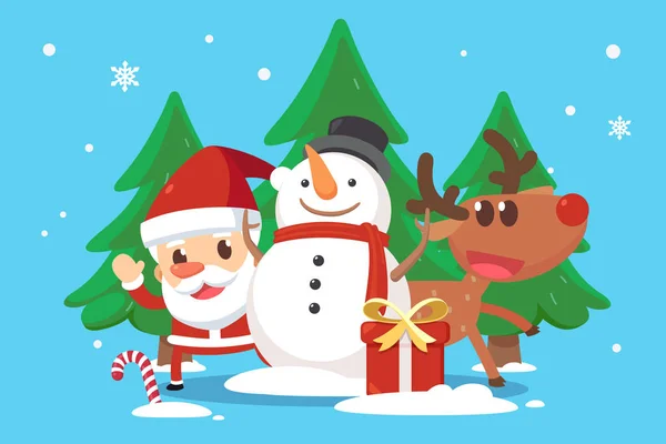 Wesołych Świąt Bożego Narodzenia. Święty Mikołaj i jego towarzysze człowiek śniegu i renifer. — Zdjęcie stockowe