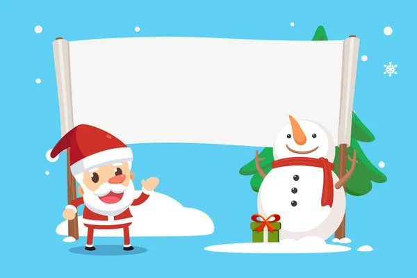 God jul med tomten och vänner. Tomte och snögubbe visar ett plakat. — Stockfoto