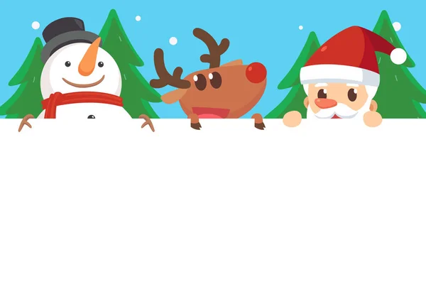 God jul med tomten och vänner. Santa snögubbe och renar visar ett plakat. — Stockfoto