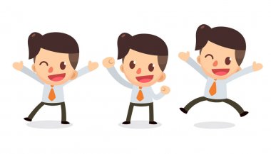 Eylemlerdeki işadamı karakter kümesi. Mutlu adam. Başarılı.