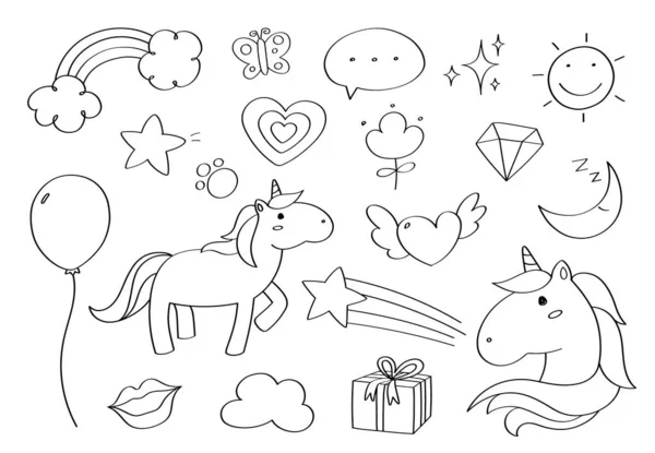 Niedliches Doodle Pony Einhorn Cartoon Symbole Und Objekte — Stockfoto