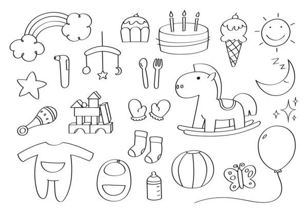 Lindo Doodle Bebé Accesorios Iconos Dibujos Animados Objetos —  Fotos de Stock