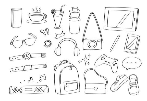 Lindo Estilo Vida Doodle Gadgets Accesorios Iconos Dibujos Animados Moda —  Fotos de Stock
