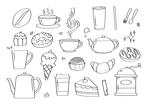 Lindo Café Doodle Café Panadería Iconos Dibujos Animados Objetos —  Fotos de Stock
