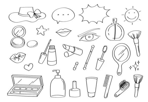 Maquillaje Belleza Lindo Doodle Iconos Dibujos Animados Moda Objetos —  Fotos de Stock