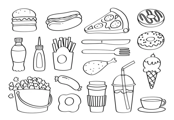 Niedliche Doodle Fast Food Oder Junk Food Cartoon Symbole Und — Stockfoto