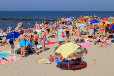 İnsanlar üzerinde Baltık Denizi'nin kıyısında kumlu yaz aylarında biraz dinlen