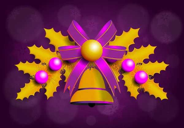 Ilustración vectorial de guirnalda navideña dorada con elementos morados. Fondo púrpura — Vector de stock