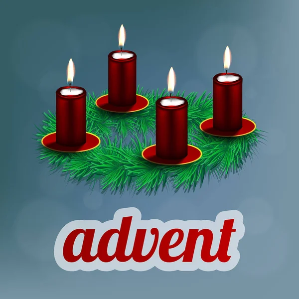 Ilustración vectorial de corona de adviento con abeto realista y cuatro velas rojas — Vector de stock