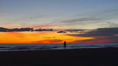 Mutlu gün batımında plaj boyunca yürüyen genç ve güzel kadın. Uzaktan statik kayıt ve kadın tarafından çekilen video zevk ve mutluluk Karadağ'ın kumlu Sahili güzel sahne gösterir.