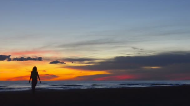Досить Молода Жінка Вигулює Щасливо Уздовж Пляжу Заході Сонця Відео — стокове відео