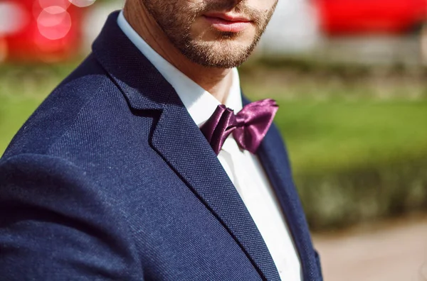 Young handsome man with a beard in luxurious white shirt and blue jacket with bowtie — Stock Photo, Image