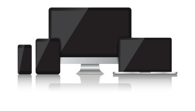 Gerçekçi aygıt düz simgeler: akıllı telefon, tablet, dizüstü bilgisayar ve masaüstü bilgisayar. Vektör çizim
