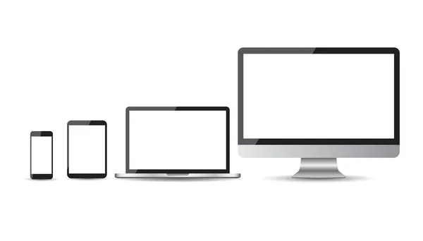 Realistische Geräte flache Symbole: Smartphone, Tablet, Laptop und Desktop-Computer. Vektorillustration — Stockvektor