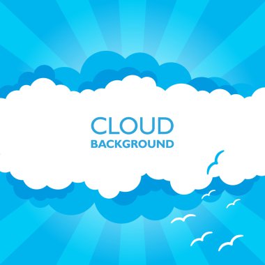 Güneş ışınları ile gökyüzünde bulutlar. Düz vektör çizim karikatür tarzı. Mavi renkli arka plan.