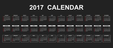 Çizgi stili basit takviminde 2017. Siyah arka plan üzerine düz vektör çizim. 