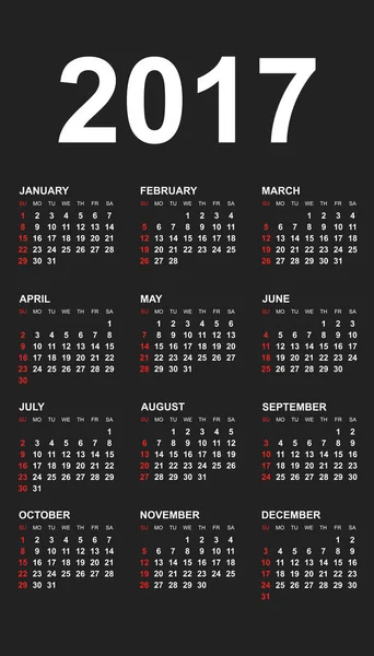 Απλό ημερολόγιο 2017 στο κατακόρυφο στυλ. Επίπεδη διανυσματικά εικονογράφηση σε μαύρο φόντο. — Διανυσματικό Αρχείο