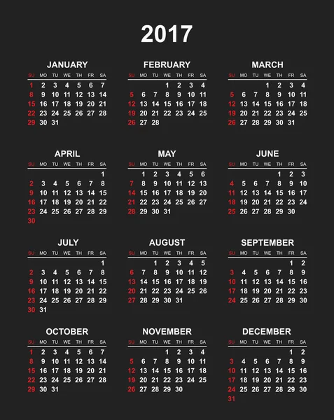 縦スタイルのシンプルなカレンダー 2017。黒い背景にフラットのベクトル図. — ストックベクタ