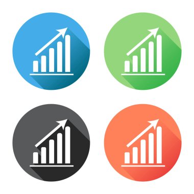 Grafik grafik simgesini uzun gölge ile. Mavi, yeşil, siyah ve turuncu zemin üzerine iş düz vektör çizim.